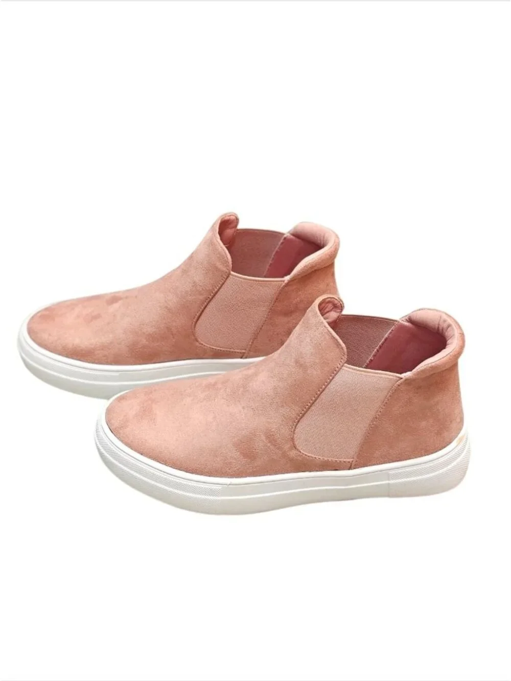 Blush Nubuck Slip-On Platform Sneakers With Elastic Side Panels & White Soles Fo